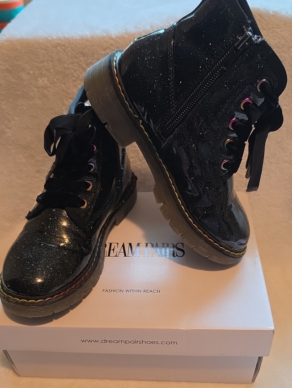Dream Pairs Black Glitter Kids Combat Boots with Ribbon Laces
